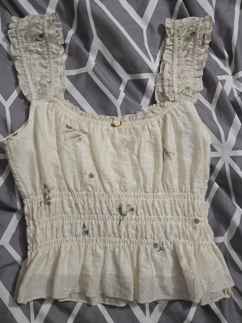 Cream Smocked Floral-Embroidered Ruffle Strap Camisole